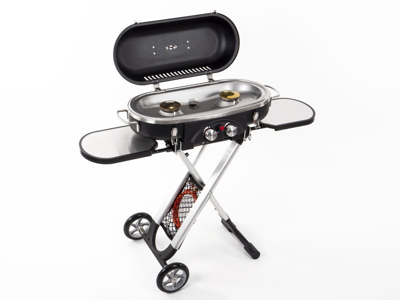 Gratar cu carucior Camp4 cu aprindere piezo, 50mbar, 3kW, 2 placi gratar - EVONomad