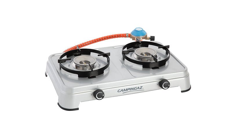 Plita pe gaz Campingaz Camping Cook cu furtun si regulator pentru cartus CV, 2 flacari - EVONomad