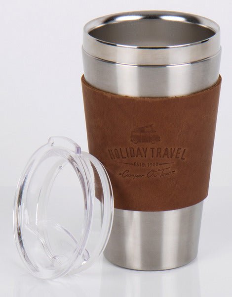 vacuum HOLIDAY TRAVEL cu capac, otel inoxidabil, 450 ml, cu manseta din piele - EVONomad